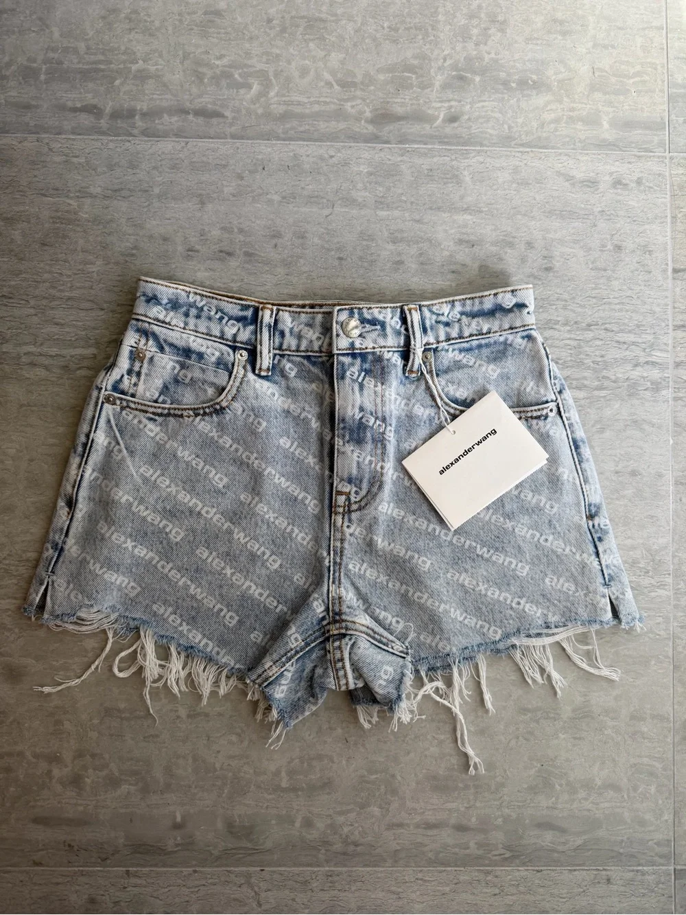 Alexander Wang Light Blue All-Over Logo Distressed Denim Shorts